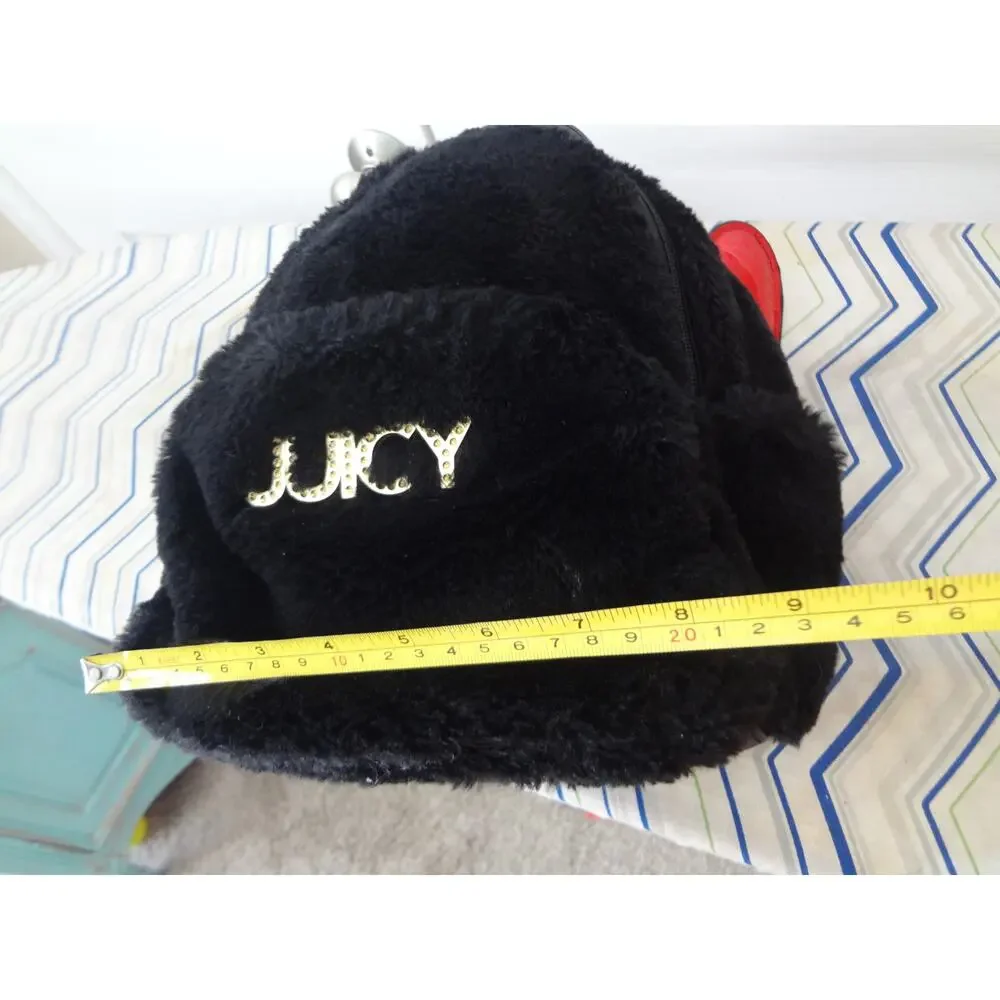 Juicy Couture Back Faux Fur Mini Small Backpack Red Heart Charm Gold Rhinestones